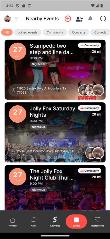 Socialite app showing nearby events